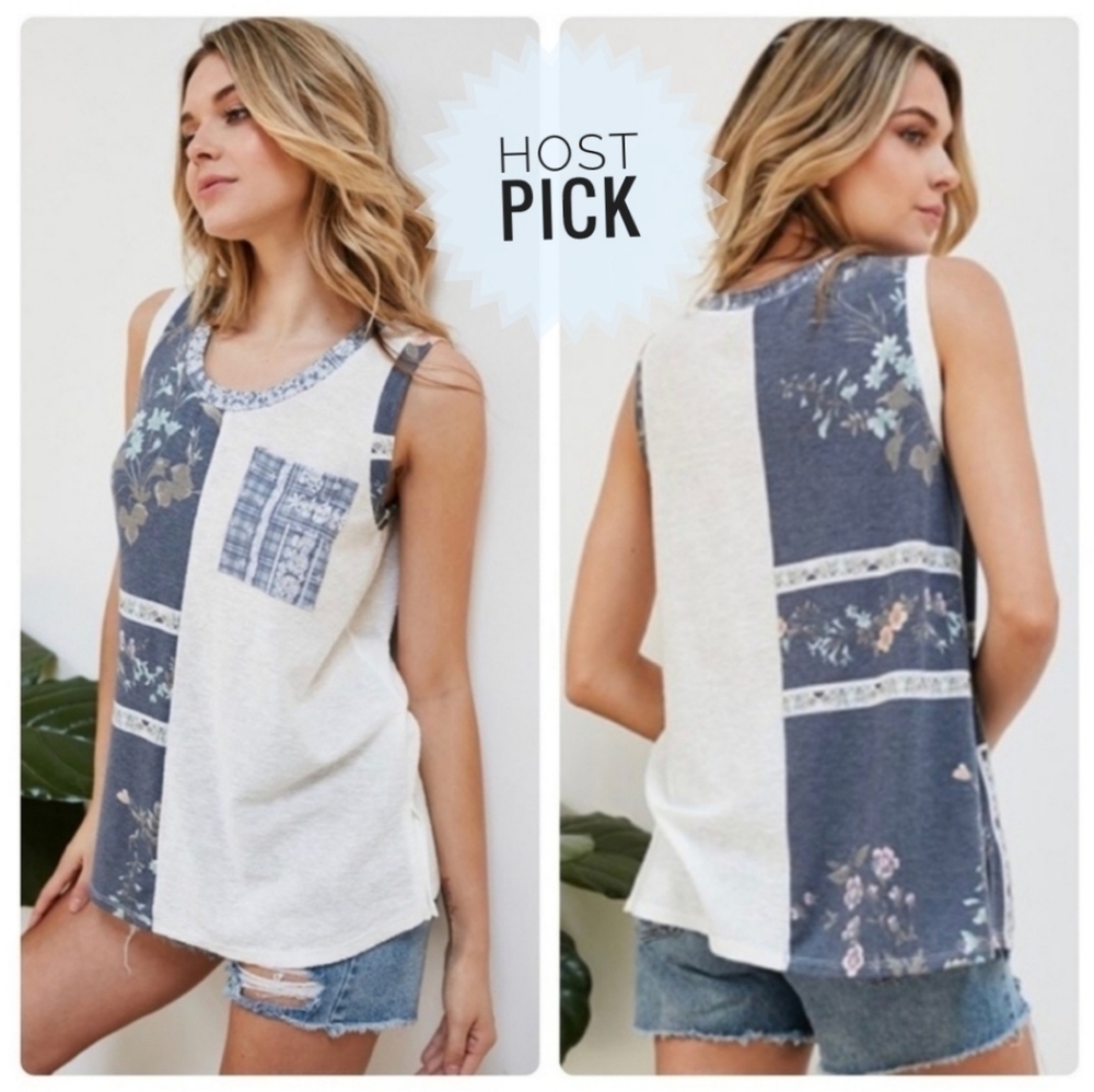 Color Blocked Floral & Plaid Sleeveless Tank Top with Outer Front Pocket…
